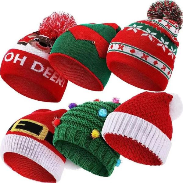 Chapéu de malha de natal rena rena Santa Santa Snowflake Pompom Beanie Red Green Crochet Tree Cap para o ano de ano novo para crianças adultos presentes