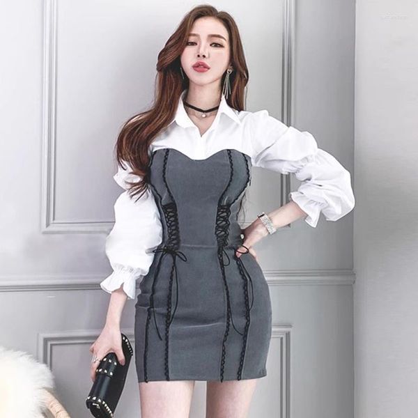 Lässige Kleider koreanische Frauen sexy Kreuz schnüren schlankes Bleistiftkleid Fashion Office ol Kontraststicken Langarm Bodycon Mini Vestidos