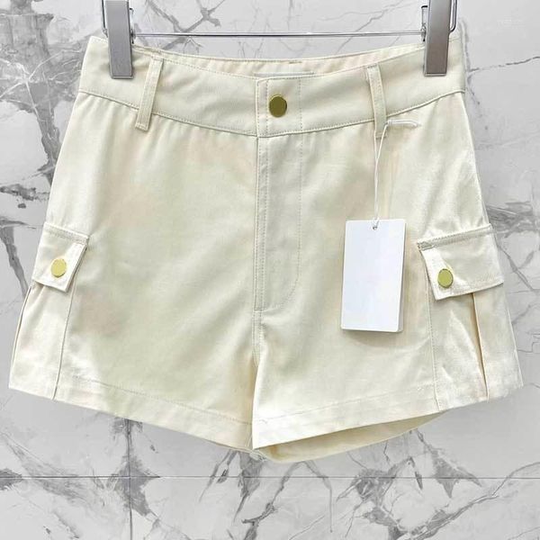 Shorts femininos femininos algodão sólido alteração de cintura alta moda retro Dois bolsos botões de metal de metal