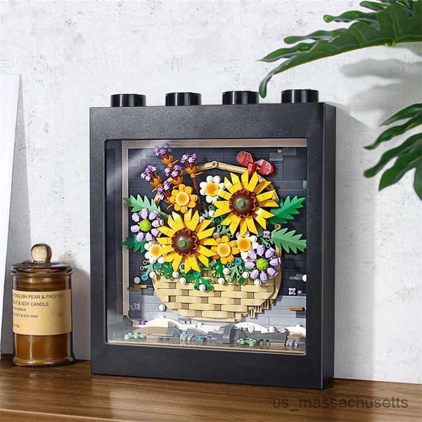 Blöcke 1066pcs Mini Sonnenblumenkorb Blumen Bouquet Bilderrahmen Baustein DIY Home Dekoration Spielzeug für Kinder Geschenke R230814