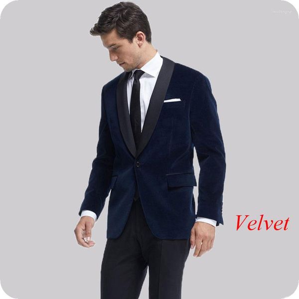 Erkekler Suits lacivert Velvet Erkekler Suit Pantolon Siyah Şallı Düğün İnce Sigara İçecek Damat Smokin Özel Yapımı Adam Blazer 2 Parçası