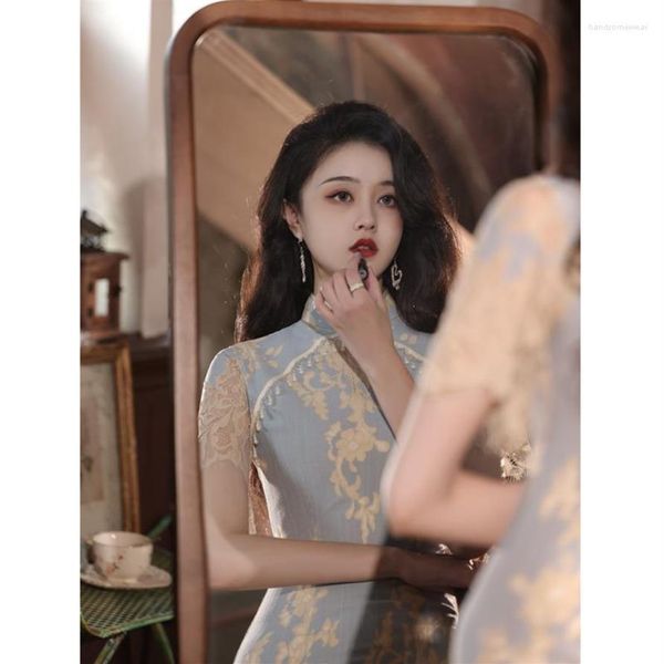 Элегантный кружевный тонкий Qipao Women Vintage Ethnic Style Cheongsam Традиционное короткое рукав молодой девушку из китайского стиля Modern268h