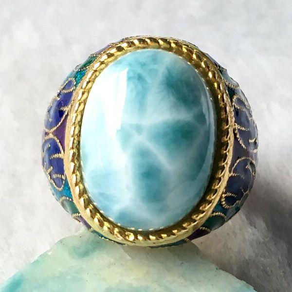 Küme halkaları doğal larimar gümüş halka oval 12mm 16mm nadir mavi taş moda ve partiler için