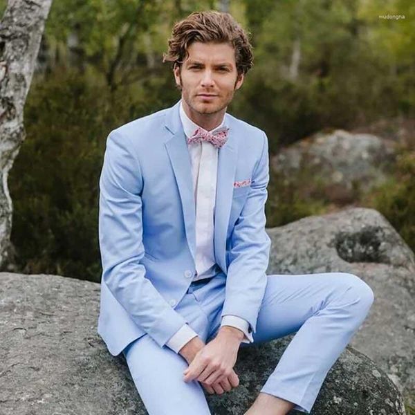 Erkekler Suits Beach Düğün Mavi Erkek Kostüm Homme Adam Blazers Balo Partisi İnce Fit Terno Maskulino 2 Parantuk Pantolon Sağdı