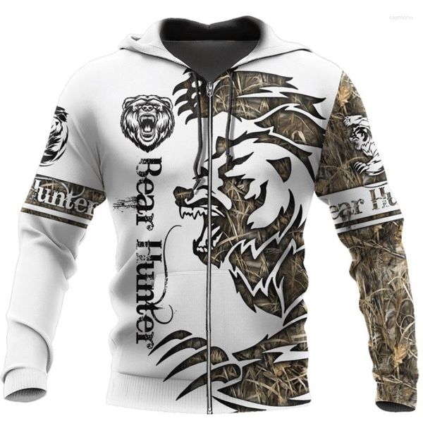 Hoodies masculinos urso de caça tatuagem 3D estampa para homens/mulheres harajuku moda com capuz moletom outono casual capuz sudadera hombre