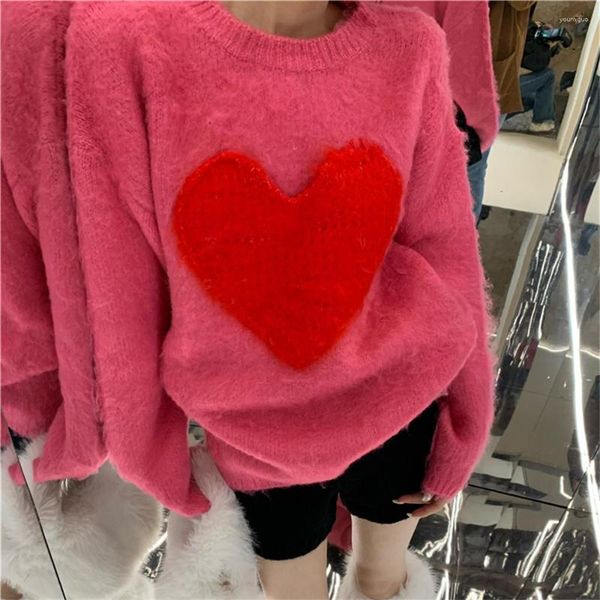 Frauenpullover rosa Herzen ol Frauen 2023 Pullover losen süß gestrickte hochwertige modische schicke schleim lässige, warme elegante