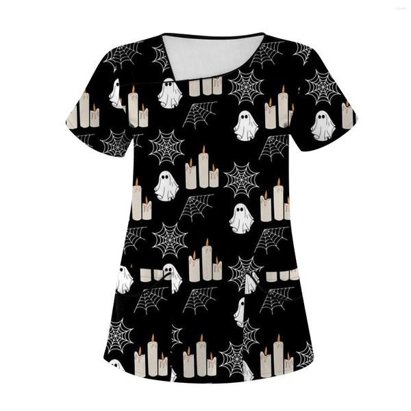 Magliette da donna Halloween Printing Tops for Women Working Assumenti tasca Pocket Blouse Massile corta MANSEVE NERVO