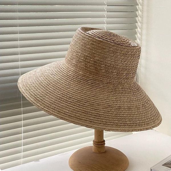 Boinas de moda coreana de girassol natural folha grama larga francesa elegante férias de praia chapéu de sol à mão Chapéus de palha de malha