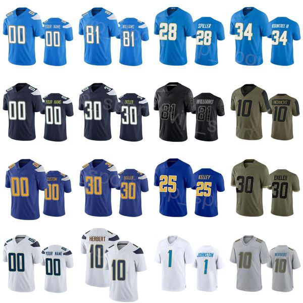 Custom Football 28 Isaiah Spiller Jersey 34 Larry Rountree III 81 Mike Williams 1 Quentin Johnston 10 Justin Herbert 30 Austin Ekeler 25 Joshua Kelley Man Lady