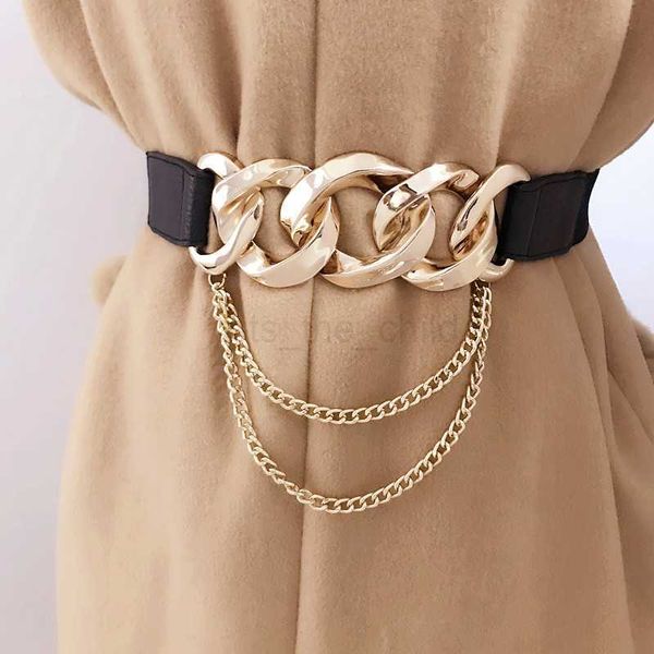 Cintos Moda Mulher Cinturão largo elástico Cincha alongada Cincha dourada Chain Metal Chain Ladies Cummerbunds Wolding para vestido feminino