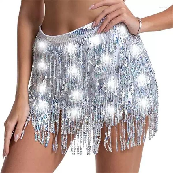 Bühnenbekleidung Halloween Belly Dance Taille Kette Vierschichtige luminöse Frauen mit Pailletten mit Hip Rock Schal Nachtclub Performance LED LED