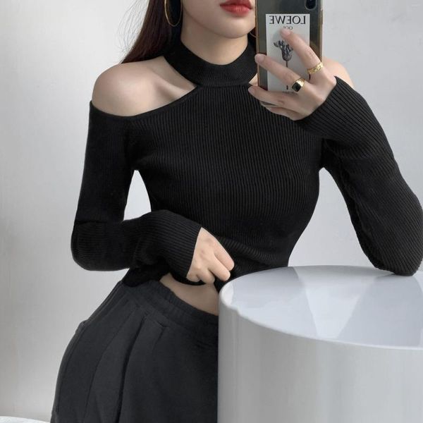 Damenpullover Basic Black Rollkragenpullover Pullover aus der Schulter Skinny Casos Streetwear Frauen Strickwinkel Pullover Jumper