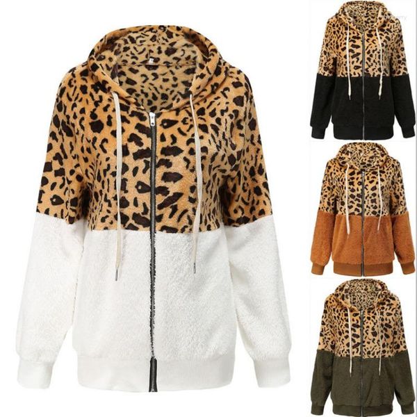 Capuz feminino Papuzes de leopardo Splicing Splicing Independent Winter Product Jacket com suéter de pelúcia grossa com capuz de capuz de capuz de zíper