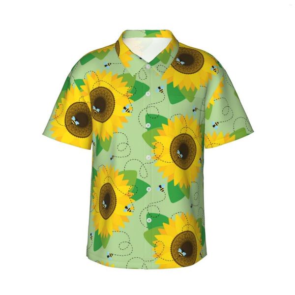 Camicie casual da uomo girasole da cartone animato e ape da uomo hawaiano a manica corta abbottonatura in spiaggia floreale tropicale