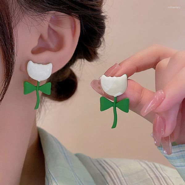 Dangle Ohrringe u-Magical übertriebene weiße Rosenblume Emaille Ohren für Frauen koreanische grüne Pflanze Matte Schmuckzubehör