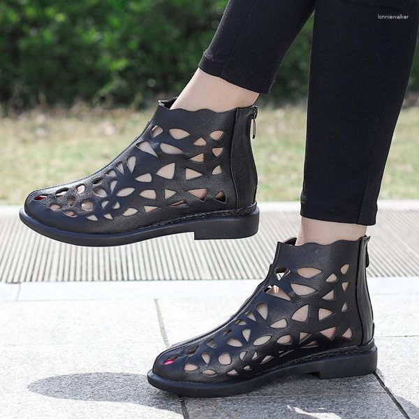 Stiefel Sommer echtes Leder Low Heel Round Head Flat -Knöchel Frauen hohl aus kurze Schuhe Weibliche Freizeit