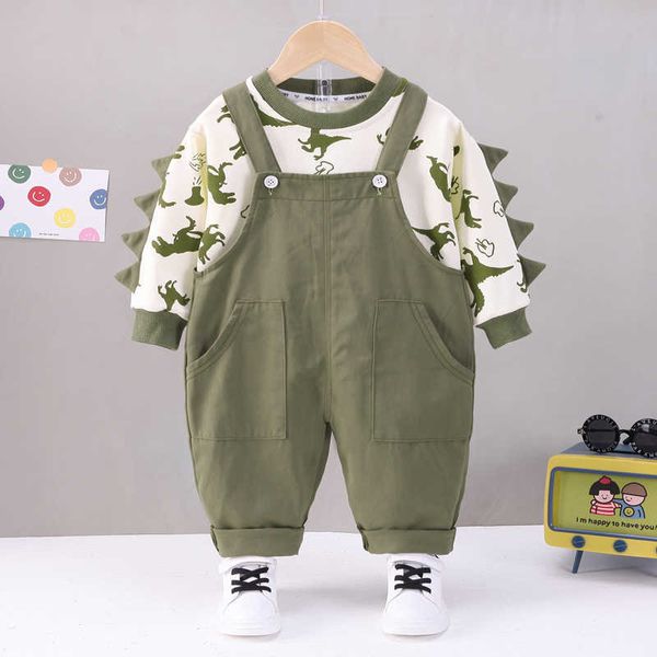 Bekleidungssets Kinder Frühling Herbst 2 Teile/sätze Kleidung Baumwolle Cartoon Dinosaurier T-Shirt Latzhose Kinder Kleidung Lässige Kleinkind Trainingsanzug