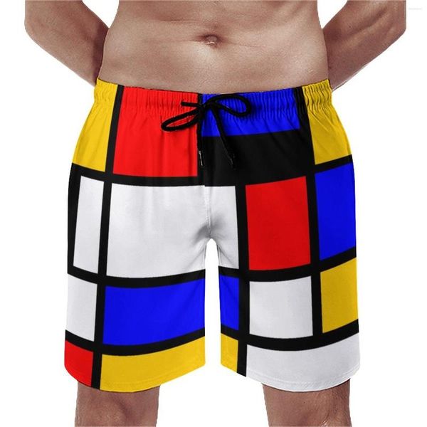 Shorts masculinos tabuleiro de impressão geométrica de impressão geométrica masculina troncos de natação Arty estilo Mondrian, confortável, running plus size praia calças curtas