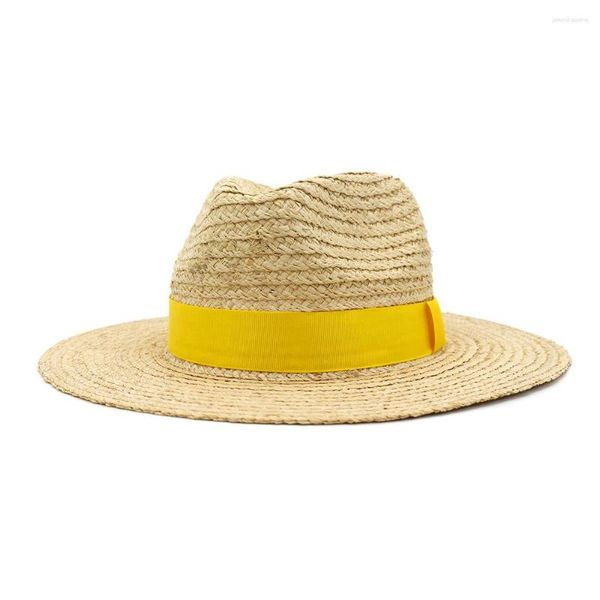 Boinas Arrive de alta qualidade Viagens ao ar livre Proteção solar Summer Raffia Straw Hat com cinto de tecidos de seda larga da borda