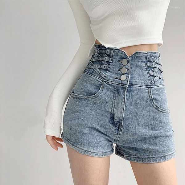 Jeans feminino Cantura Close Girl High Cross Super shorts soltos pernas largas Push quadril calças curtas verão