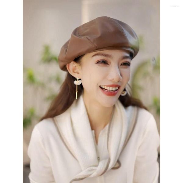 Berets Fashion Sheepskin Octagonal Stave Hats Женская осень осень кожаная панама художник художник Sboy Caps Beret Woman Hat роскошь