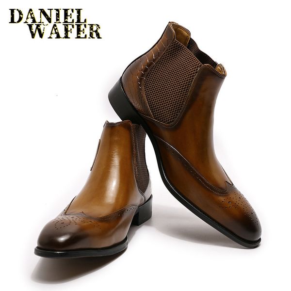 Botas de luxo Chelsea botas de couro genuíno de couro de tornozelo masculino deslizamento de alta grau na fivela de fivela de ala marrom sapatos pretos botas básicas homens 230812