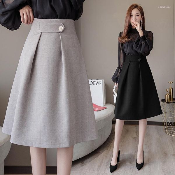 Saias 2023 Salia de estilo coreana da moda T para Woman Button Botão Autumn Inverno Vintage Trabalho sólido Use Lady Office Business DD160