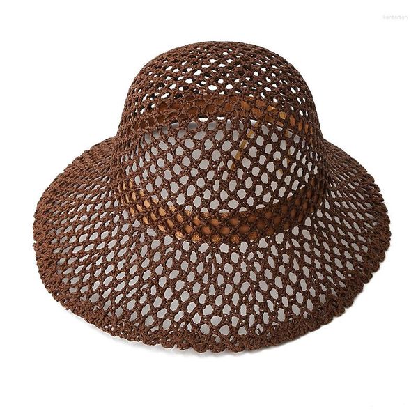 Boinas larga larga mão fez moda japonesa hollow respirável chapéu de verão papel chapé de palha para mulheres capô de praia