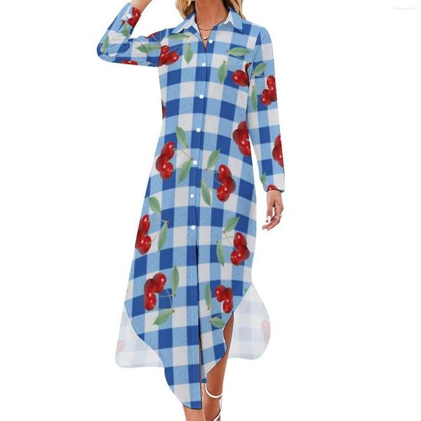 Vestidos casuais Retro Cherry Chiffon Dress Blue Plaid Print Feminino Feminino de luva longa de rua V pescoço personalizado