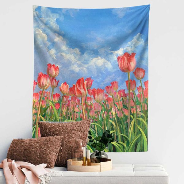 Tapeçarias rosa tulipa flores tapeçaria parede pendurado jardim floral tapeçarias tapetes arte dormitório decoração de casa piquenique toalha de praia