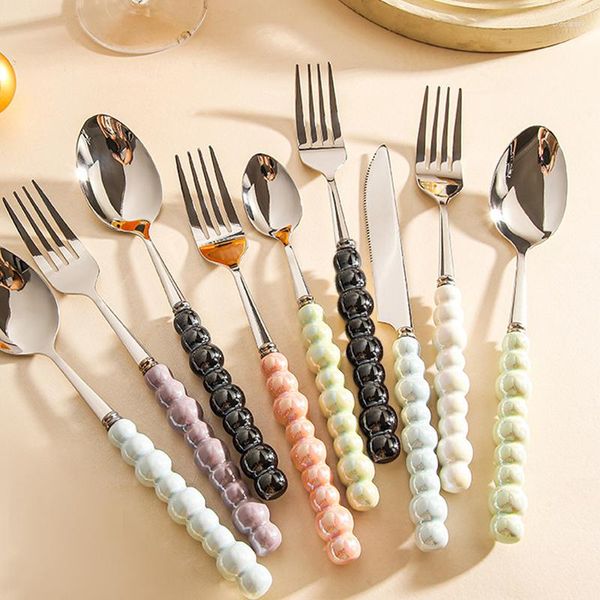 Geschirrssätze 1/4pcs Eindeutige perlförmige Besteckset Ceramic Pearl Griff Messer Fork Löffel Western Steak Tabelle Geschirr