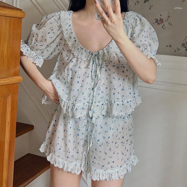 Pijama floral de roupas de sono feminino define o conjunto de pijamas de renda feminina de mulheres vintage.