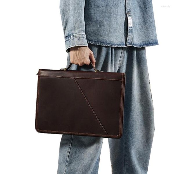 Briefzüge Männer echte Lederhandtasche Business Office Bags Top Layer Kuh Vertikale Aktentasche für 14 Zoll Laptop Männliche Tasche geeignet