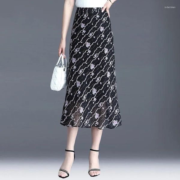 Signe Summer Sump-Chiffon Floral Skirt Women Women Fashion High Black Office Black Female Midi 2023 Wrap A-Line A-line