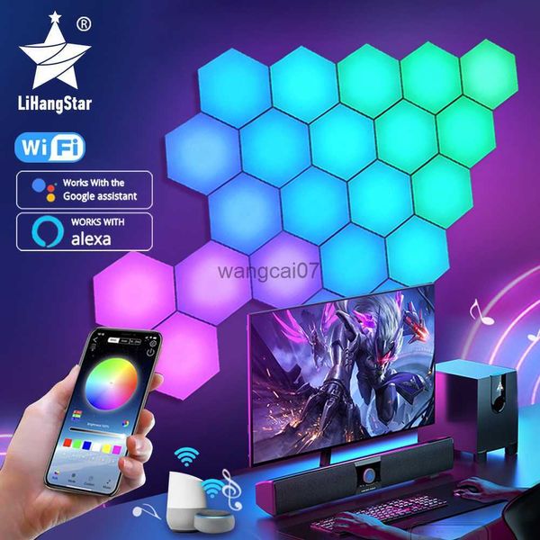 Lâmpadas de parede RGB Wi -Fi LED LEXAGONA LIMPEIRA DE WALL LUMPLA APP REMOTO CONTROLE NIGHT LUZ COMPUTADOR DE COMPUTADOR DE BASE DE CABEÇA DE CABEÇA HKD230814