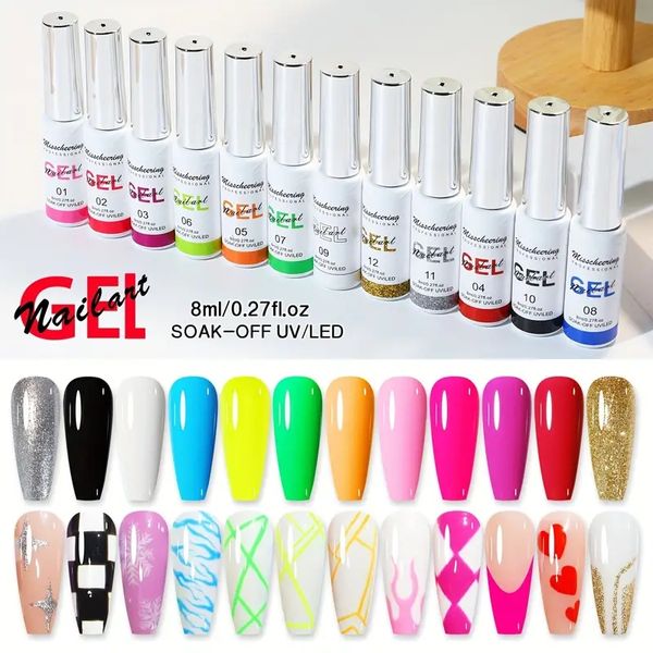 Conjunto de esmaltes de linear gel, 12 cores 3D Painted Gel Unhiner Gel Unh Nail Pull Glue Set em uma pintura fina de pintura de pintura UV Kit de gel de gel LED para DIY Linha de design de arte da unha