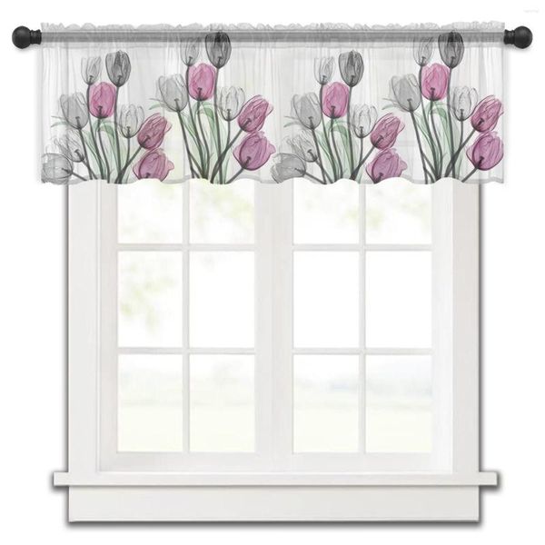 Vorhang Blume idyllisch grau Rose rote Tulpen Küche kleine Tüll schiere kurzes Schlafzimmer Wohnzimmer Wohnzimmer Dekor Voile Vorhänge