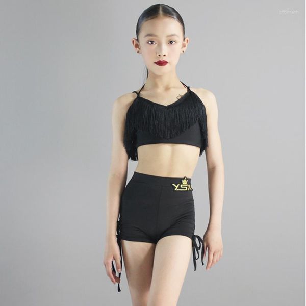 Стадия ношения детей латинский танцевальный костюм девочки черные бахромы топ -шорты бальные соревнования по борьбе срезок xs6746
