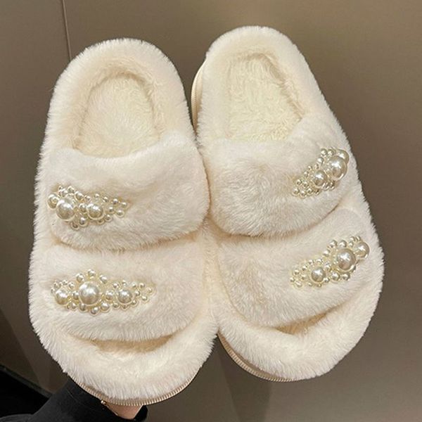 Home Shoes Pearl Decor Doppelband Winter Frauen Slipper Weiche Felde Plattform Pelz warme Innenfrau Open Tobe Fluffy Home Pantoffeln 230814