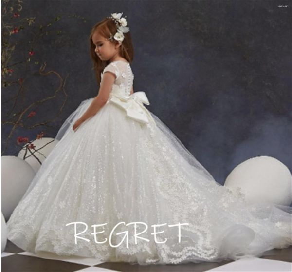 Abiti da ragazza Avorio Ballo Ballo Floro Fiore per matrimonio O Abiti da percorso del collo con sequestro First Communion Dress Caspess