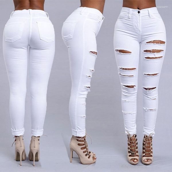 Jeans femininos rasgados para mulheres sexy skinny jeans moda de moda casual calça lápis feminino primavera e pano de verão