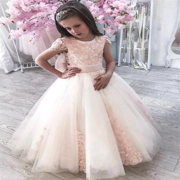 Vestidos de menina Apliques de tule rosa com grande flor de arco para festa de aniversário de aniversário