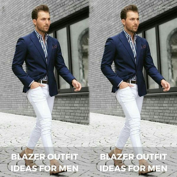 Ternos masculinos Casual Blue Men Business For Wedding White Pants Personalize o noivo Tuxedo 2 peça Traje Hombre Costume Homme Terno Masculino