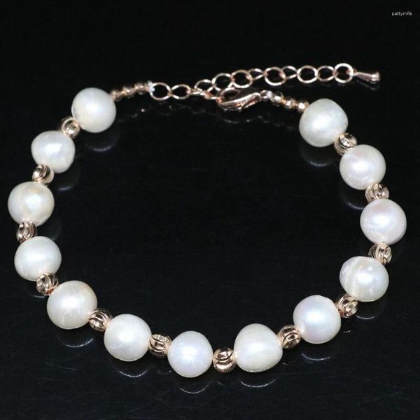 Pulseiras de link Romântico 9-10mm White Natural Waterwater Pearl Bracelete redonda Acessórios de cor de ouro rosa de ouro Jóias de moda 7.5 polegadas B1413