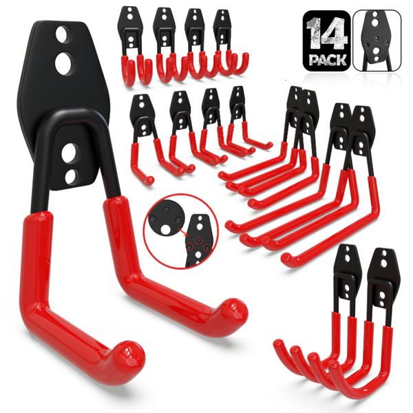 Hooks Rails 3-H 14pcs Garage Hooks Heavy Duty Wall Mount Leiter Garage Aufbewahrung Haken Schuppen Organisierungsstuhl Yardhänge Schaufel Garten Werkzeuge 230812