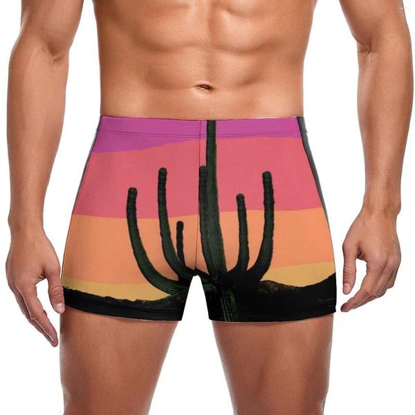 Männer Badebekleidung farbenfrohe Wüstenschwimmstämme Saguaro Kaktus Sonnenuntergang Training Mode Schwimmshorts Elastic Plus Size Männer Badeanzug