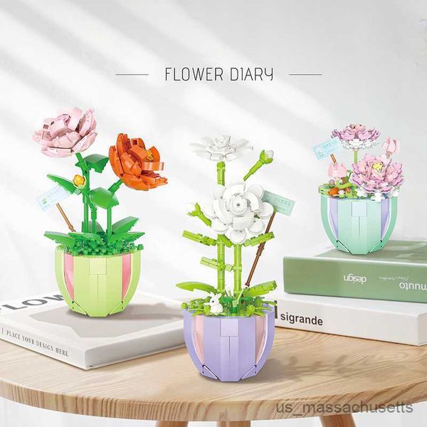 Bloco 388pcs Bloco de construção Bouquet 3D Modelo Toy Toy Home Decoração Planta de rosa Montagem de Flores Rosos Blocos Blocos Menina Toys Infantil Presentes R230814