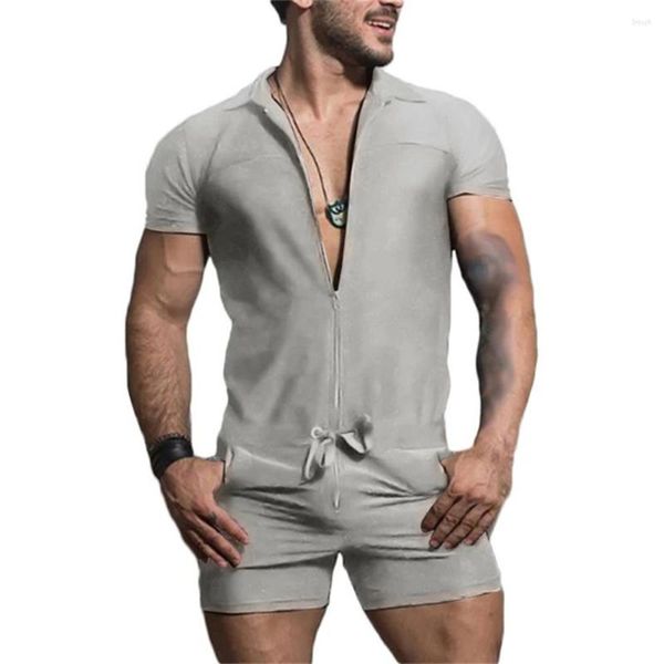 Herren-Trainingsanzüge 2023 Solid sexy Reißverschluss-Jumpsuits Männer Kurzarm lässig Streetwearlapel Kleidung Mode Slim Shorts M-3xl