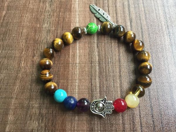 Strang Naturstein 8mm gelber Tiger Augenarmbänder Blätter Anhänger Palmarmband 7 Chakra Yoga Gebet Handgelenk Mala Perlen