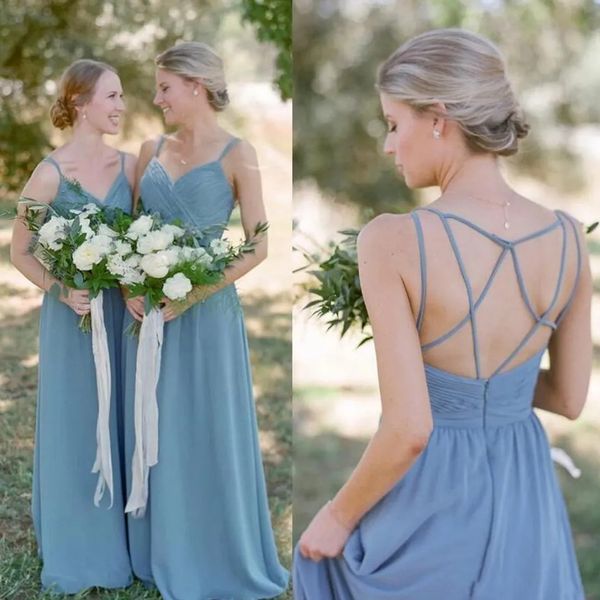 Dusty Blue Boho Bridesmaid Dress A-Line Wedding Guest Vestidos com alças cruzadas Vestido de Festa Casamento 2024 Junior Country Maid Of Honor Vestidos 328 328